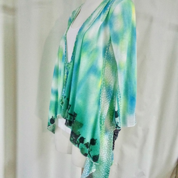 ANIA.A. TURQUOISE WATERCOLOR PRINT 3/4 SLEEVE TIE FRONT LIGHT WEIGHT JACKET S - Picture 3 of 10